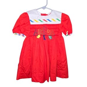 Vintage Red Smocked Dress with Colorful Animal Accents